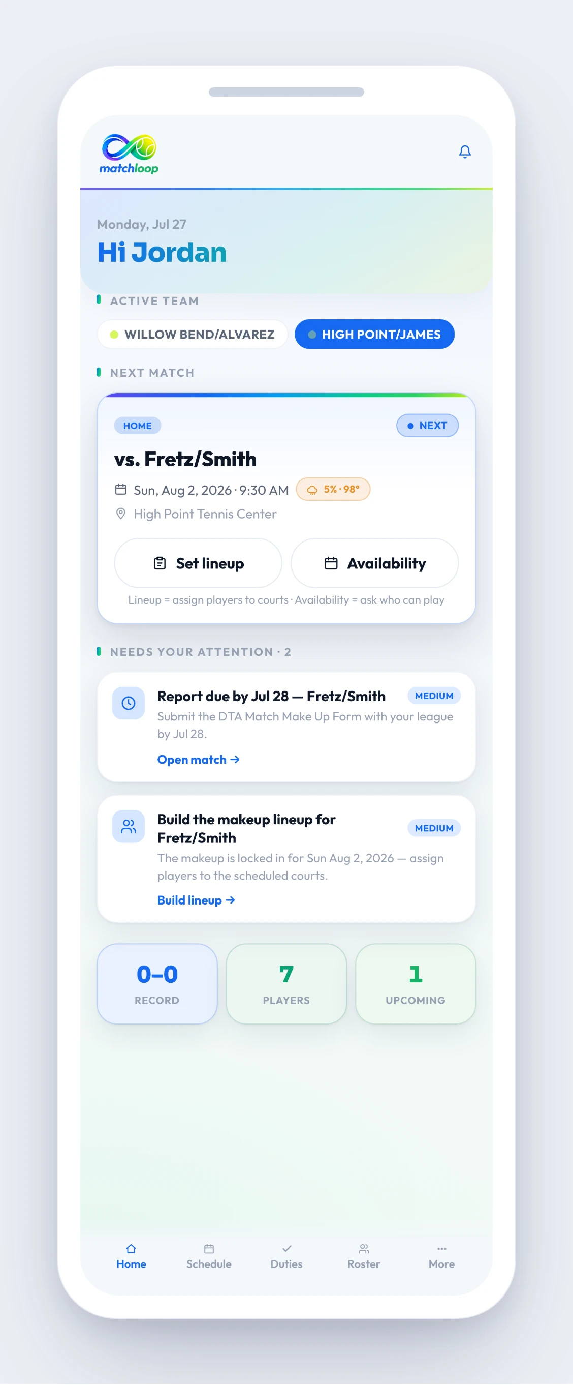 Match Loop home screen — the captain's dashboard: next match with the weather, players who still need to vote on makeup dates, and the league report deadline, all in one place