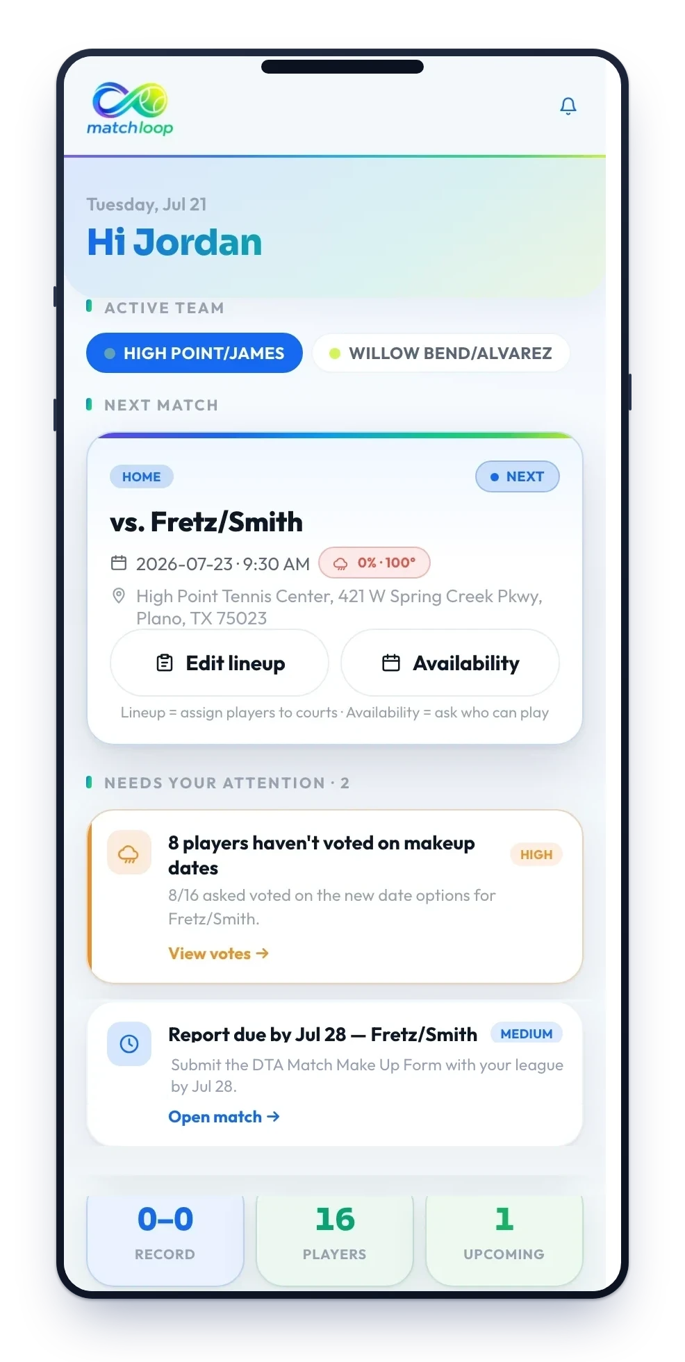 Match Loop home screen — the captain's dashboard: next match with the weather, players who still need to vote on makeup dates, and the league report deadline, all in one place