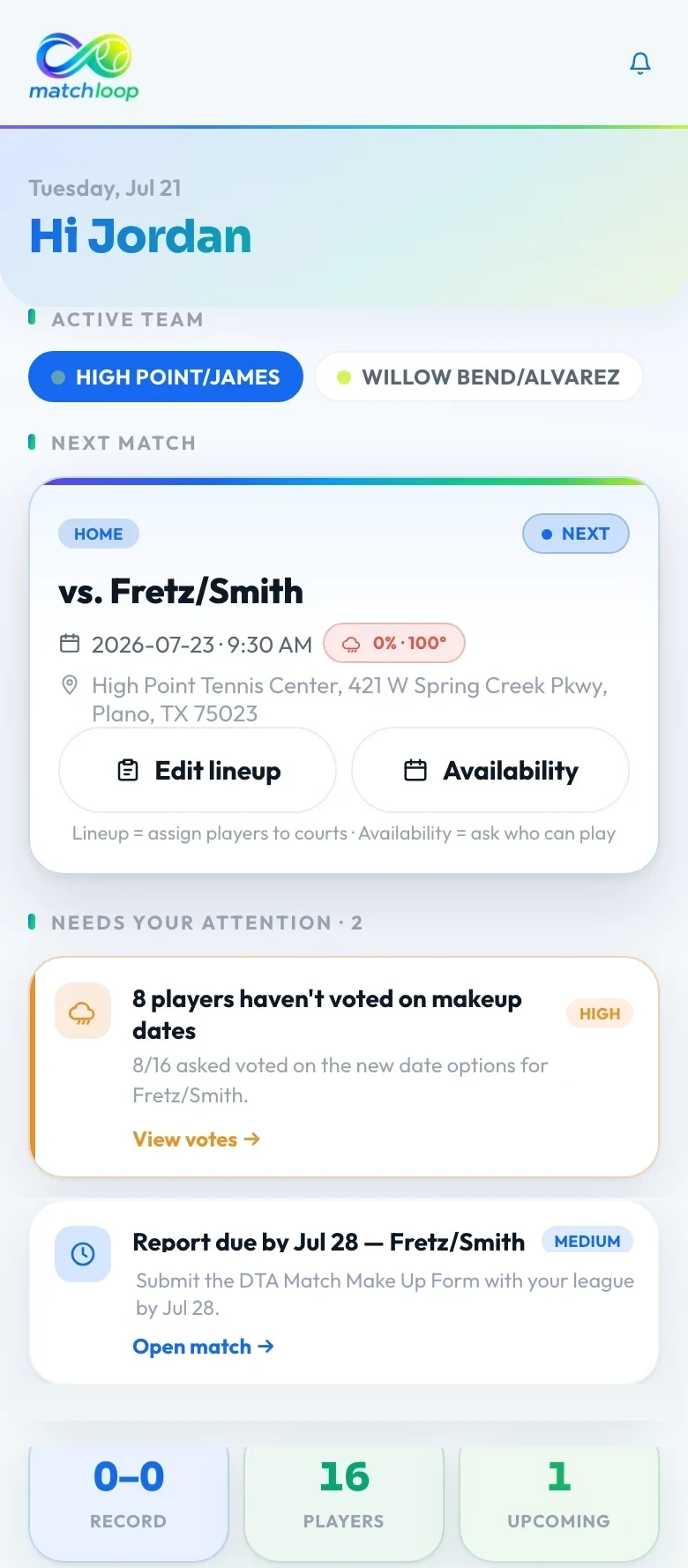 Match Loop home screen — the captain's dashboard: next match with the weather, players who still need to vote on makeup dates, and the league report deadline, all in one place