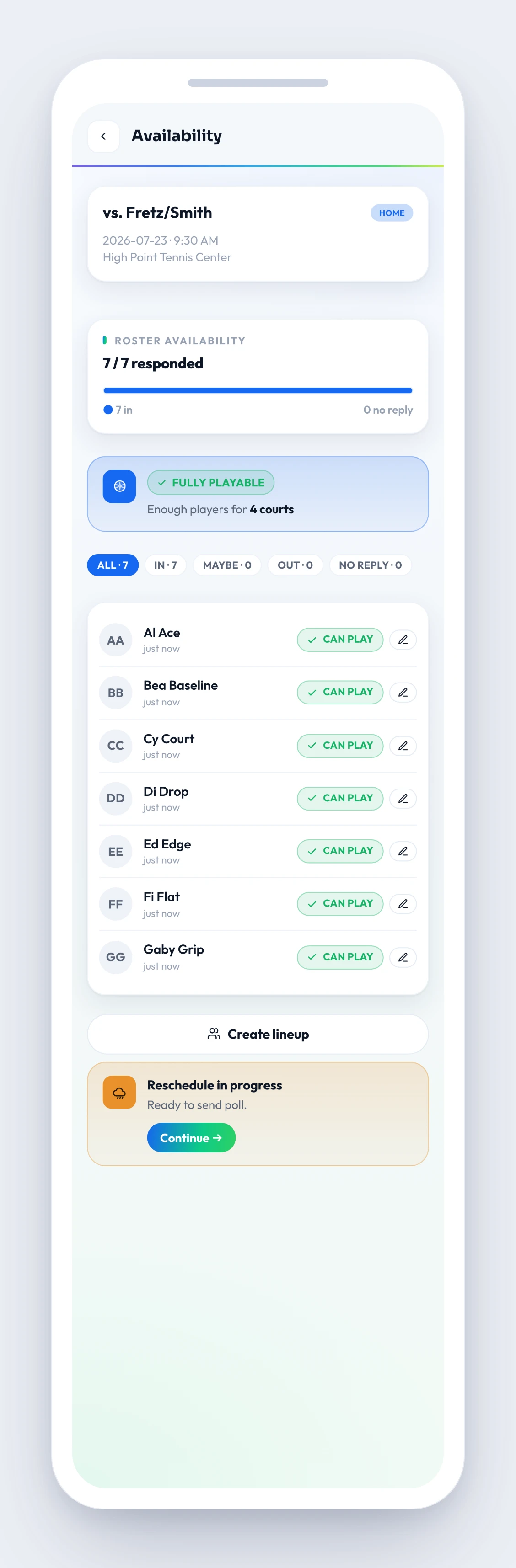 Match Loop availability screen — 8 of 8 players responded, 5 in, 2 maybe, 1 out, and a partially-playable read of how many courts the team can field
