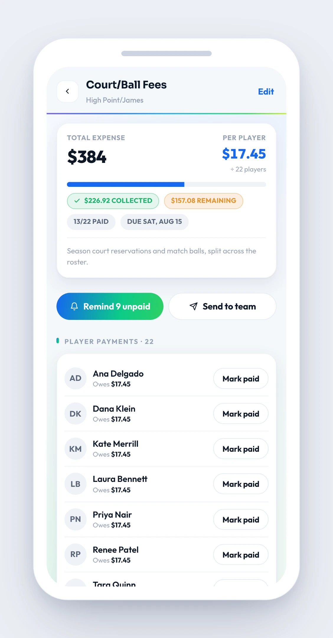Match Loop team fees — the Court/Ball Fees expense ($384) split across the 22-player roster, $17.45 each, with per-player Owes/Paid status, a Venmo link on the request, and Remind unpaid / Mark paid actions