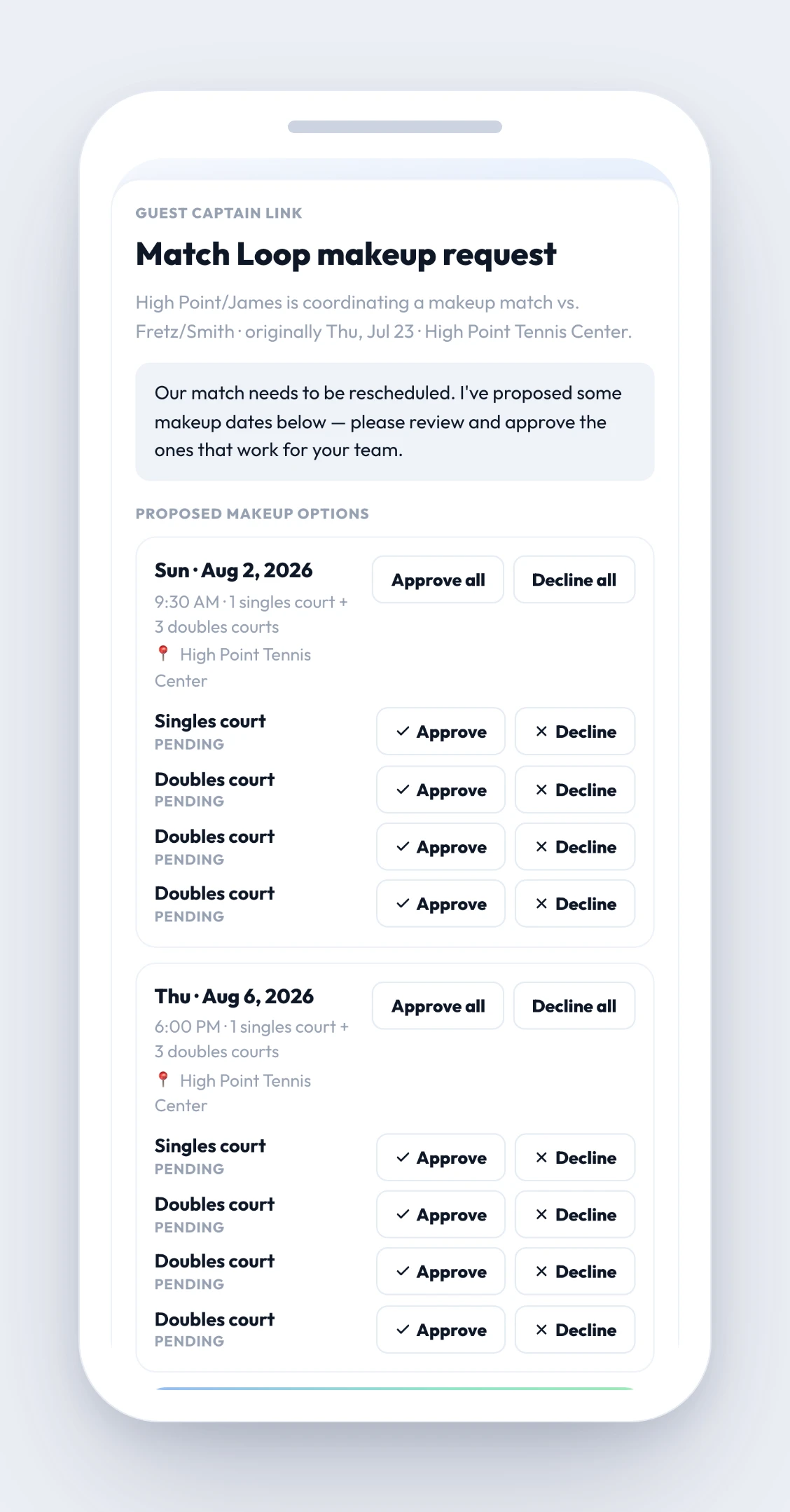 Match Loop guest captain link — the no-login page the opposing captain opens to approve or decline the two proposed makeup times (Sun, Aug 2 and Thu, Aug 6), court by court