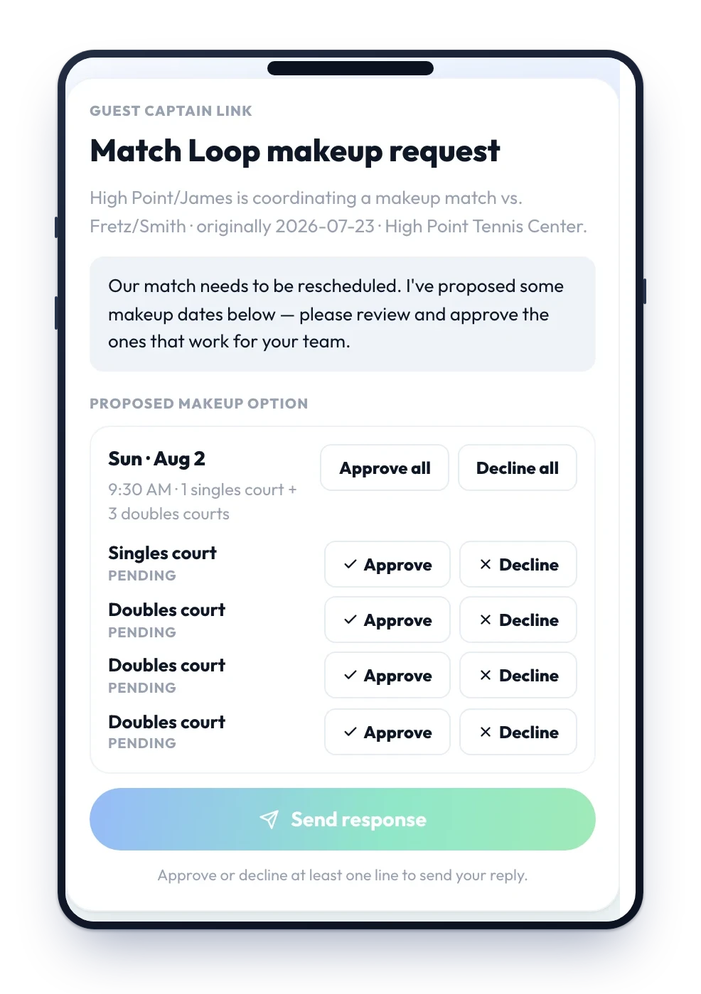 Match Loop guest captain link — the no-login page the opposing captain opens to approve or decline the proposed makeup times, court by court