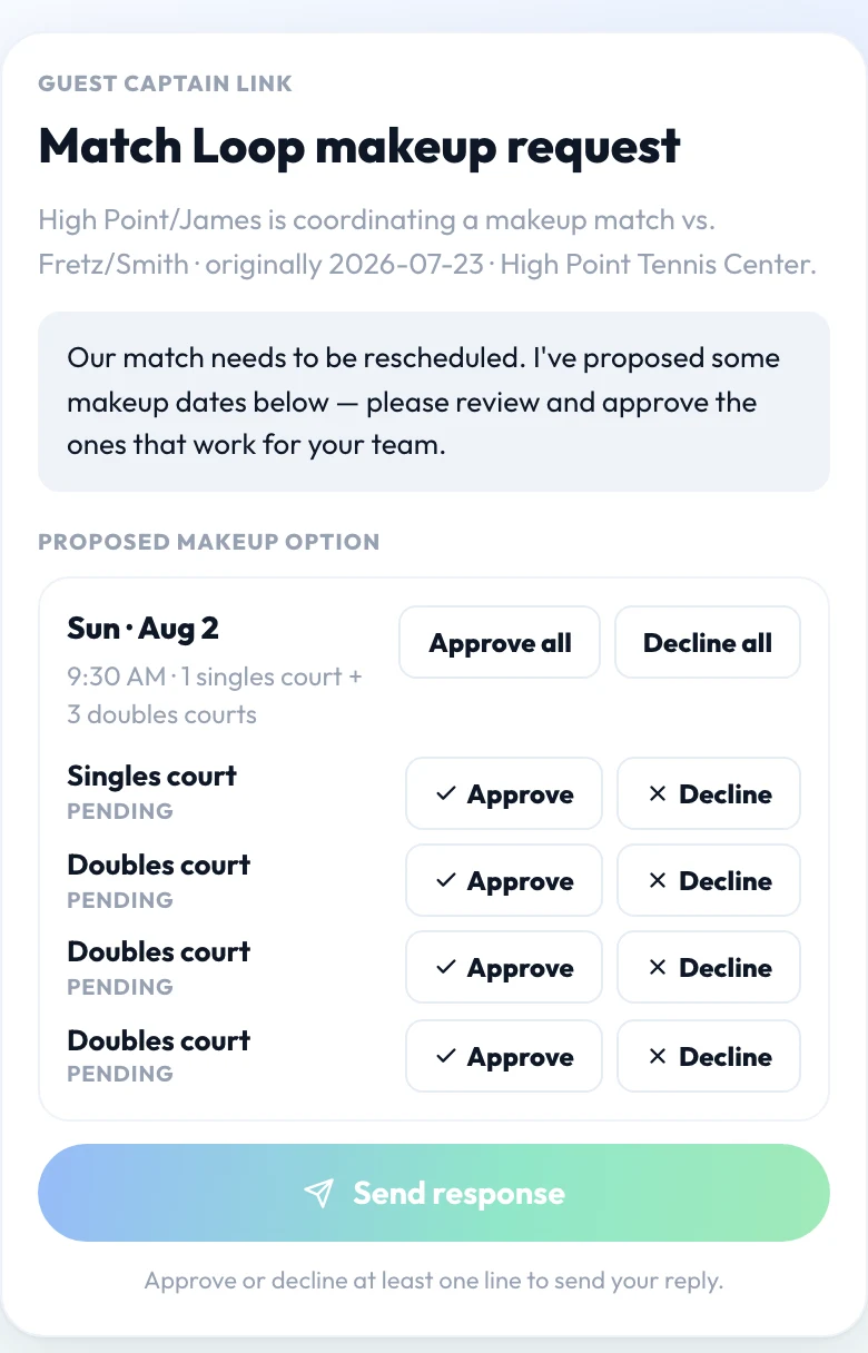 Match Loop guest captain link — the no-login page the opposing captain opens to approve or decline the proposed makeup times, court by court