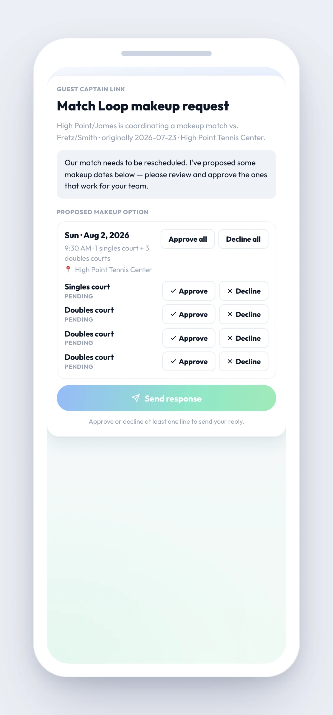 Match Loop guest captain link — the no-login page the opposing captain opens to approve or decline the proposed makeup times, court by court