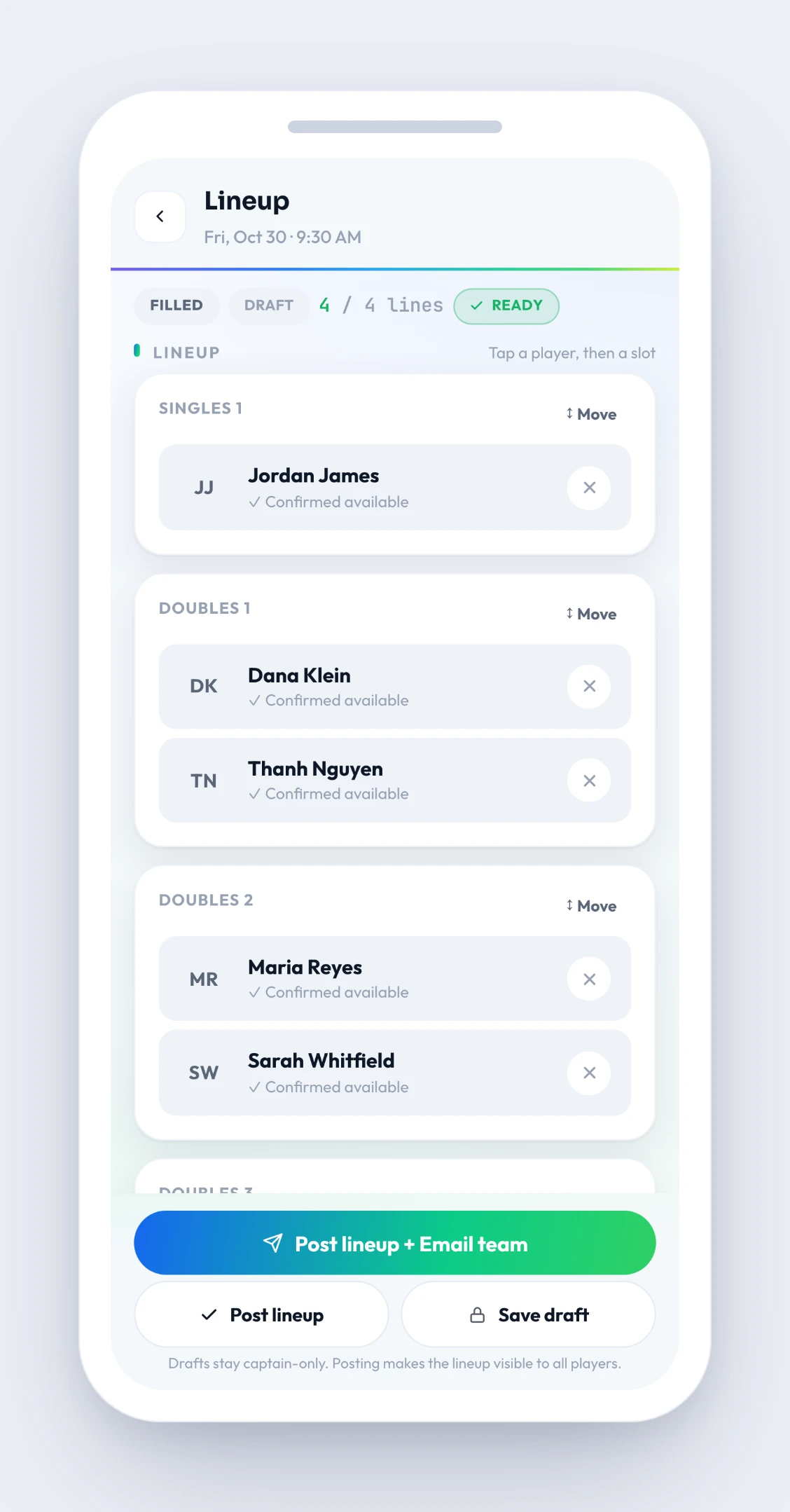 Match Loop lineup builder — the finished lineup for the Fri, Oct 30 match vs. Stonebriar/Vaughn, all four lines filled and court-assigned, every player confirmed available, ready to post to the team
