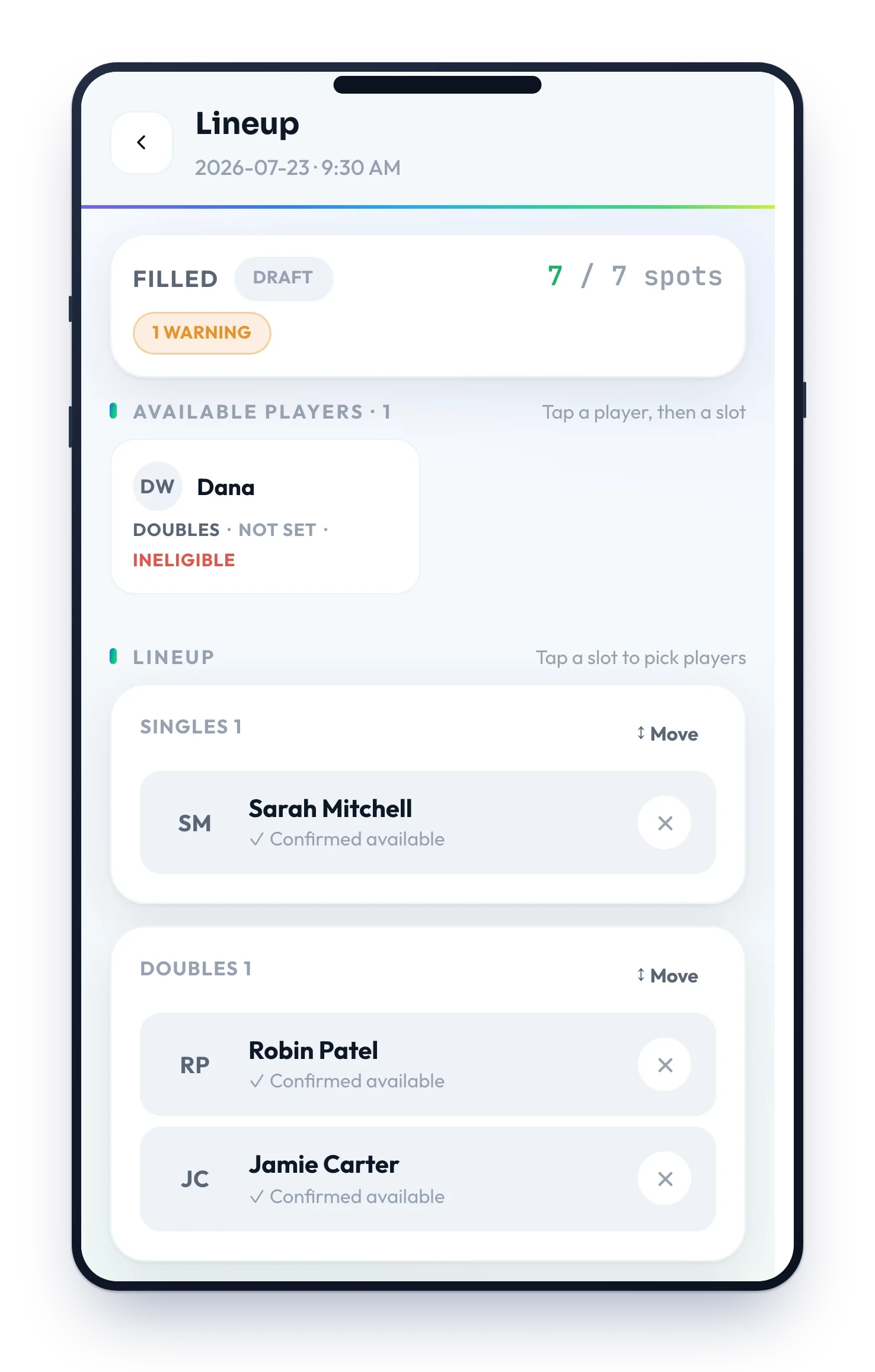 Match Loop lineup builder — players dropped into a singles line and doubles lines, with confirmed-available checks and no double-booking