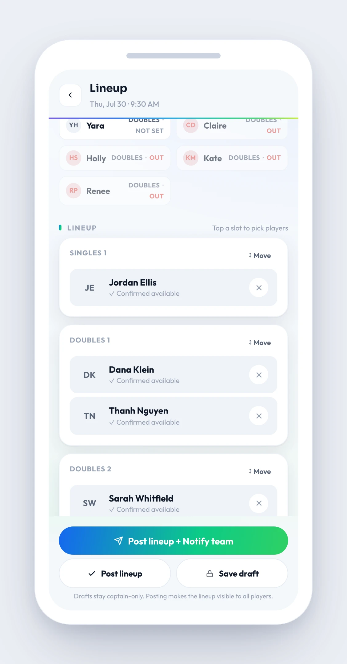 Match Loop lineup builder — for the Thu, Jul 30 match vs. Stonebriar/Vaughn, players dropped into a singles line and doubles lines, each confirmed available, with no double-booking