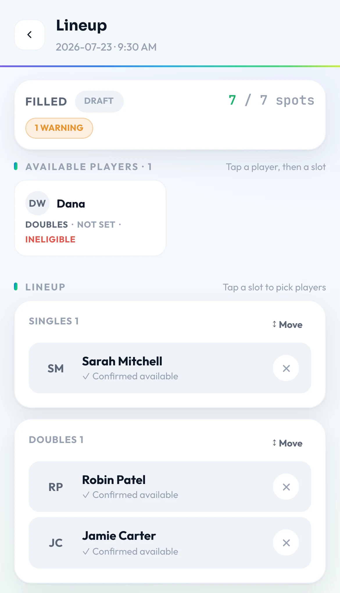 Match Loop lineup builder — players dropped into a singles line and doubles lines, with confirmed-available checks and no double-booking