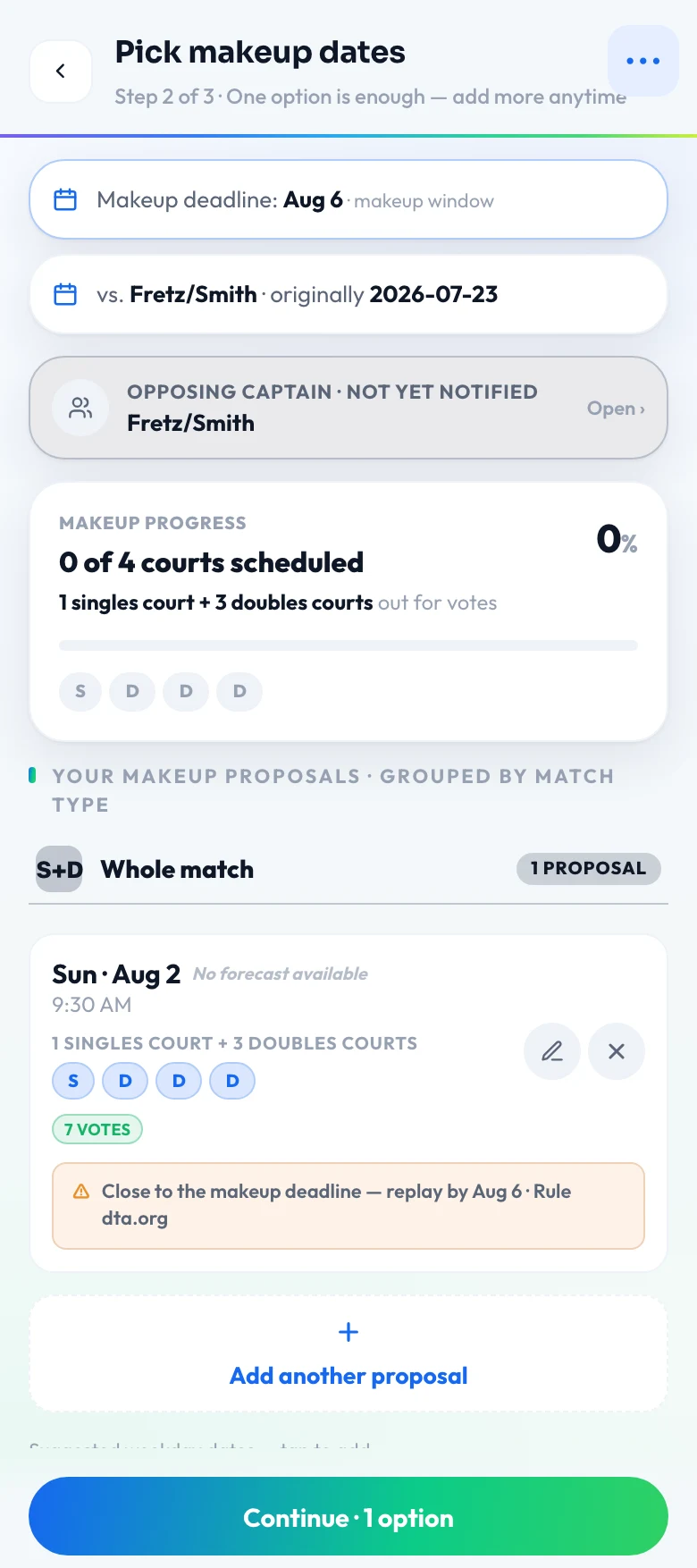 Match Loop makeup screen — proposed makeup dates for the rained-out match vs. Fretz/Smith, with the league makeup deadline and report window shown