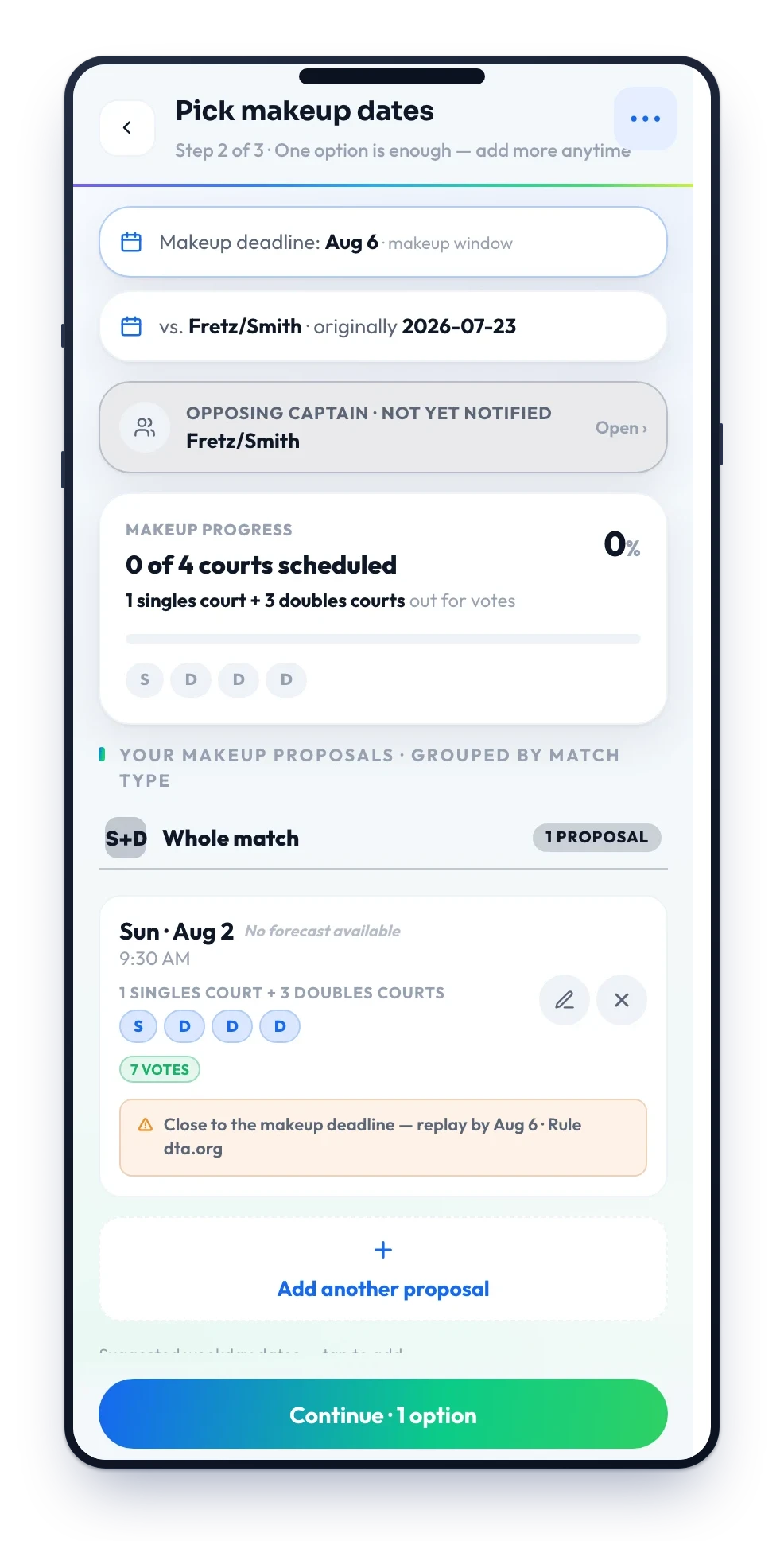 Match Loop makeup screen — proposed makeup dates for the rained-out match vs. Fretz/Smith, with the league makeup deadline and report window shown