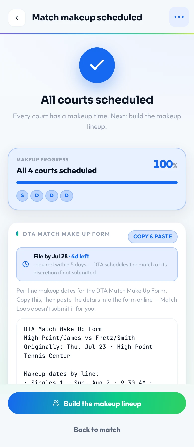 Match Loop's Match Reschedule Report — once the makeup is scheduled, the app builds the league's report and cites the filing rule (DTA: file the Match Make Up Form within 5 days of the rainout, no penalty points)