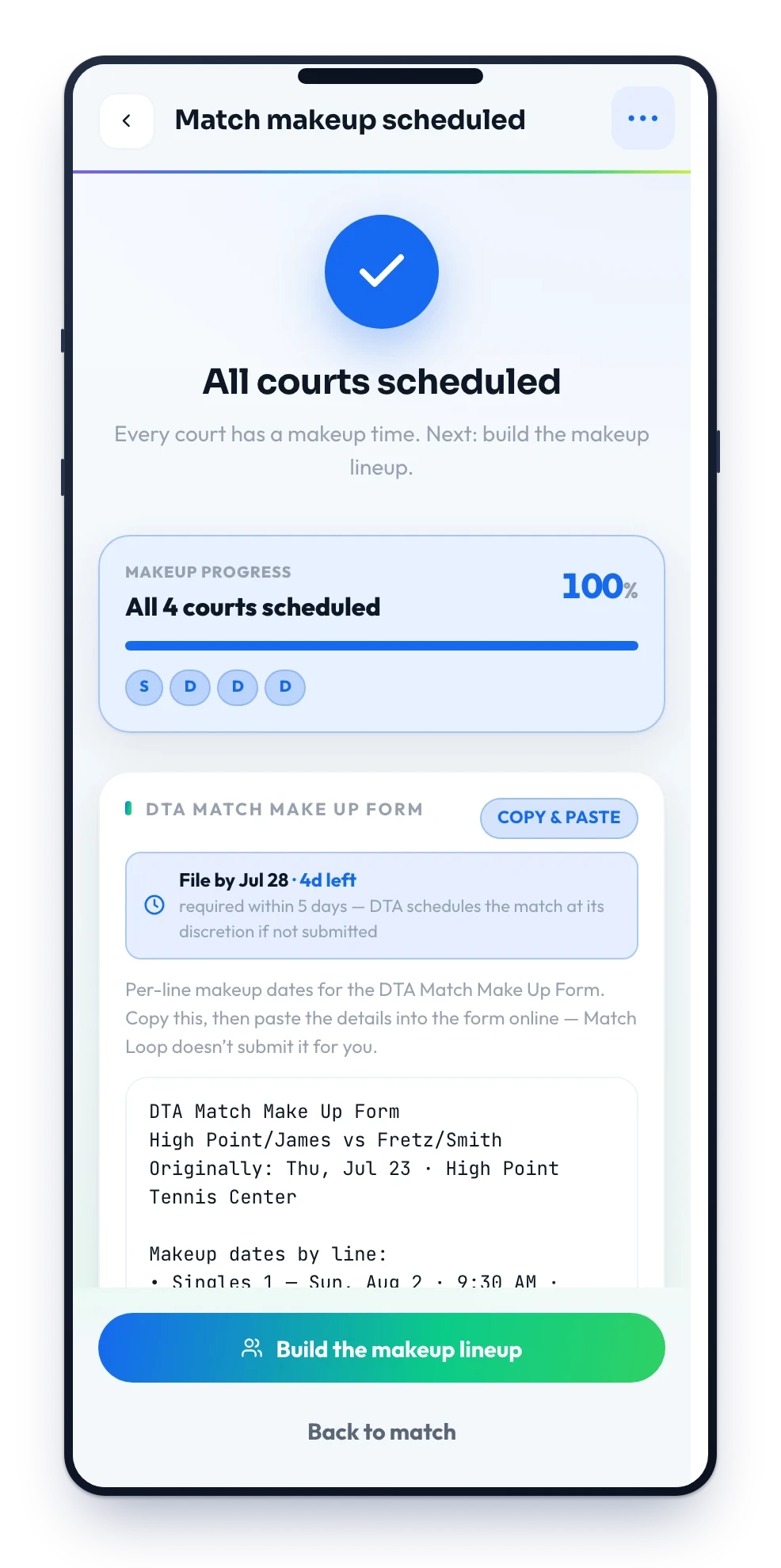 Match Loop's Match Reschedule Report — once the makeup is scheduled, the app builds the league's report and cites the filing rule (DTA: file the Match Make Up Form within 5 days of the rainout, no penalty points)