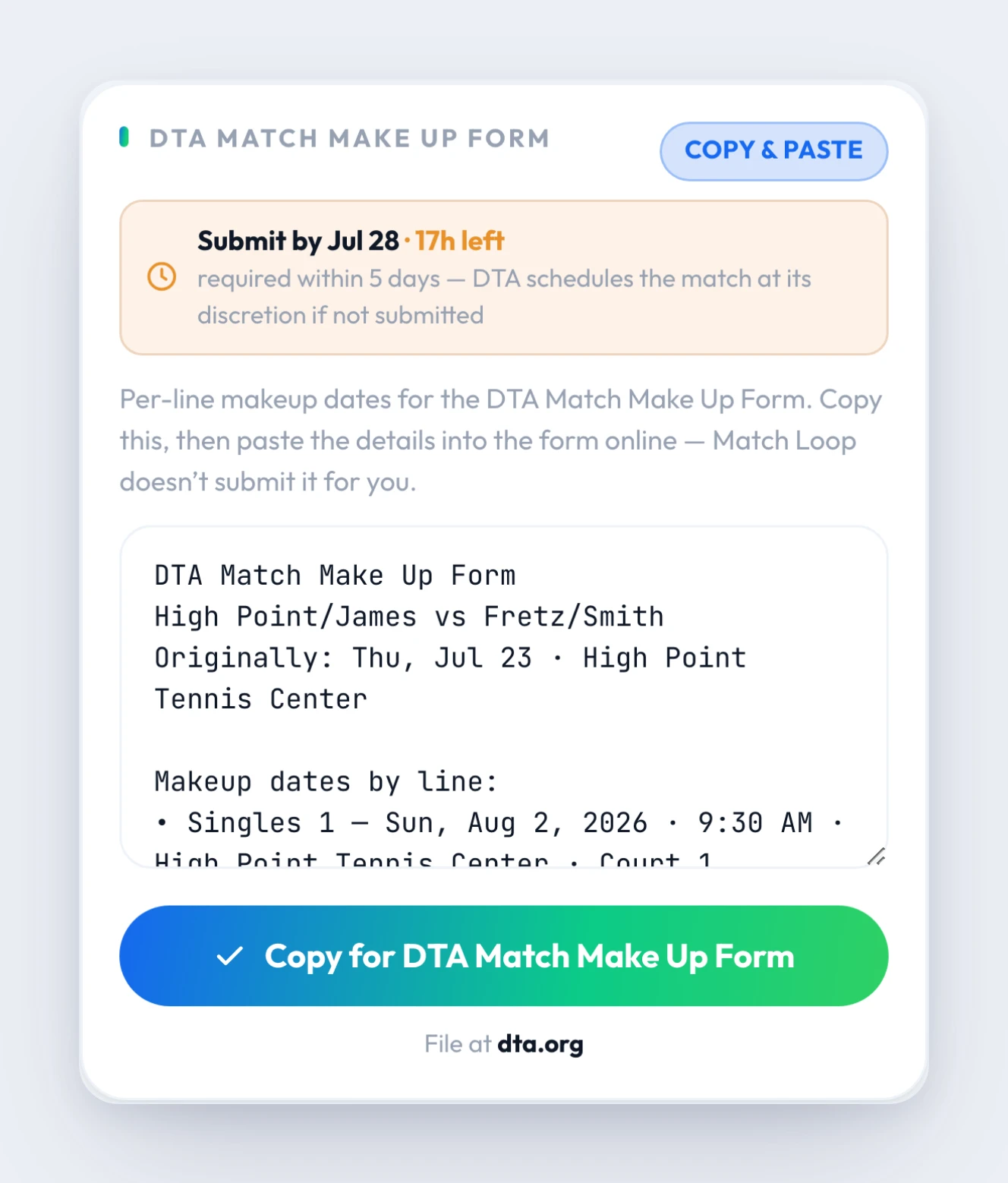 Match Loop's Match Reschedule Report — once the makeup is scheduled, the app builds the league's report and cites the filing rule (DTA: file the Match Make Up Form within 5 days of the rainout, no penalty points)